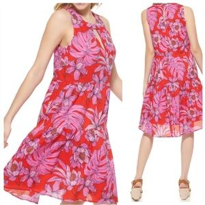 Tommy Hilfiger Gustavia Printed Tiered Sleeveless Dress red pink 12 NEW